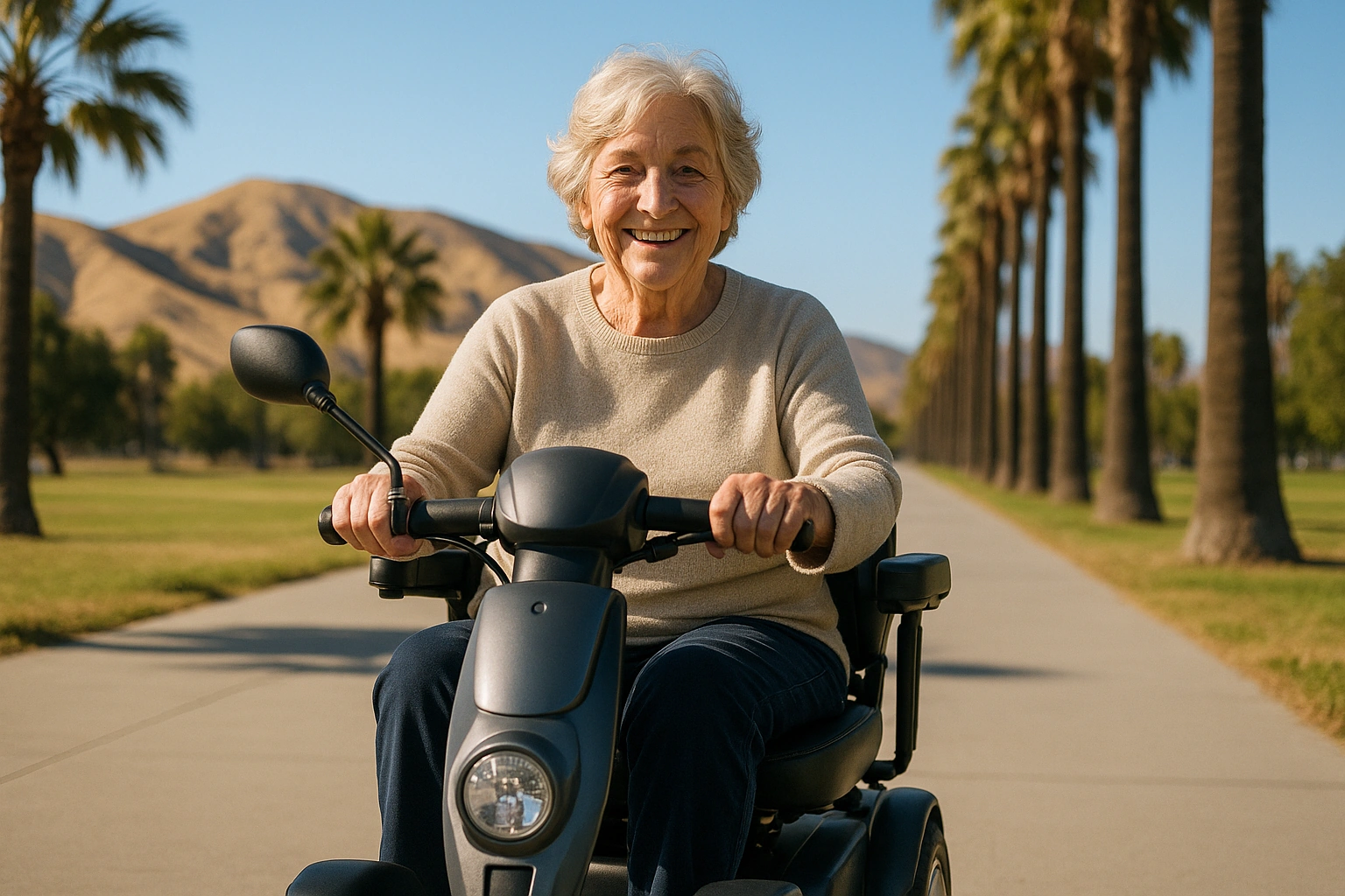Senior woman with grey hair riding a modern four-wheel mobility scooter on a wide smooth paved multi-use trail lined with palm trees, with golden California hills and a clear blue sky in the background on a bright sunny Southern California day