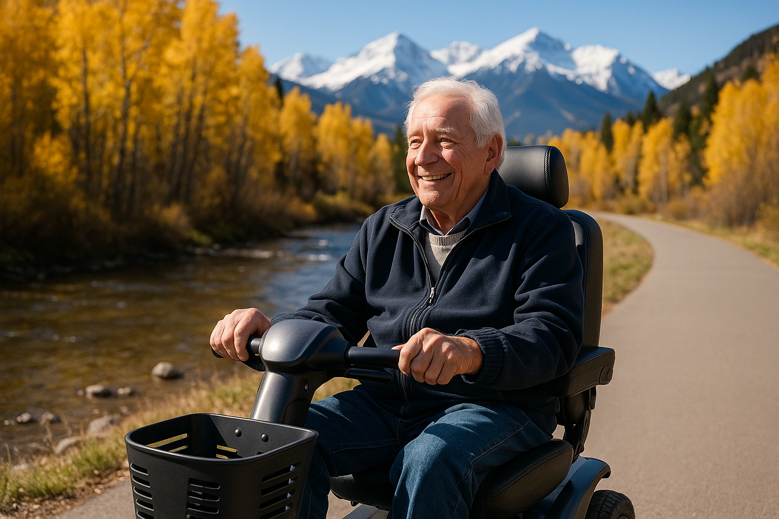 Senior man with white hair riding a modern four-wheel mobility scooter on a smooth paved riverside trail beside a clear creek in Colorado, golden aspen trees and the snow-capped Rocky Mountains in the background under a bright blue sky
