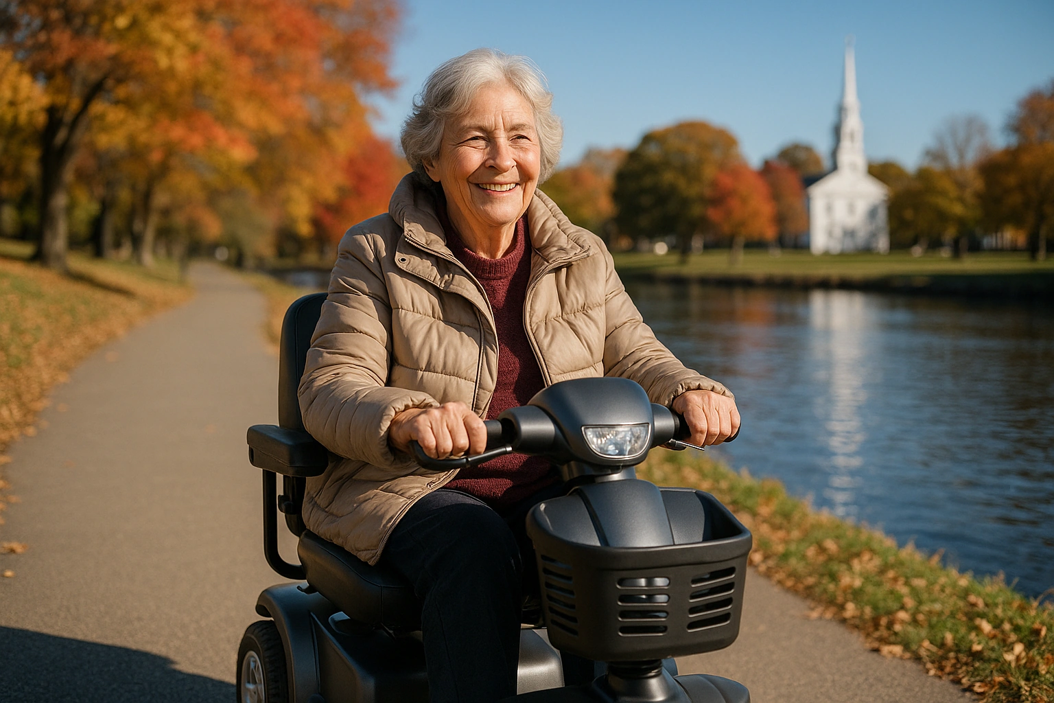 Senior woman with grey hair riding a modern four-wheel mobility scooter on a smooth paved riverfront park path beside a calm river in Connecticut, autumn New England trees in red and gold and a historic town green with a white church steeple in the distance under a clear blue sky