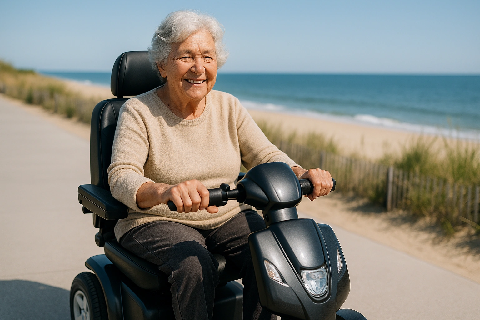 Senior woman with grey hair riding a modern four-wheel mobility scooter on a smooth wide paved coastal boardwalk beside gentle ocean dunes and beach grass in Delaware, a calm blue Atlantic sea and clear bright sky