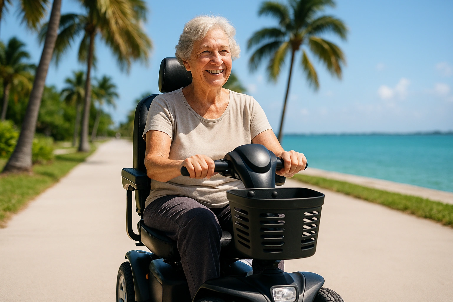 Senior woman with grey hair riding a modern four-wheel mobility scooter on a wide smooth paved palm-lined waterfront trail beside turquoise water in Florida, with bright sunshine, blue sky and tropical greenery on a warm day