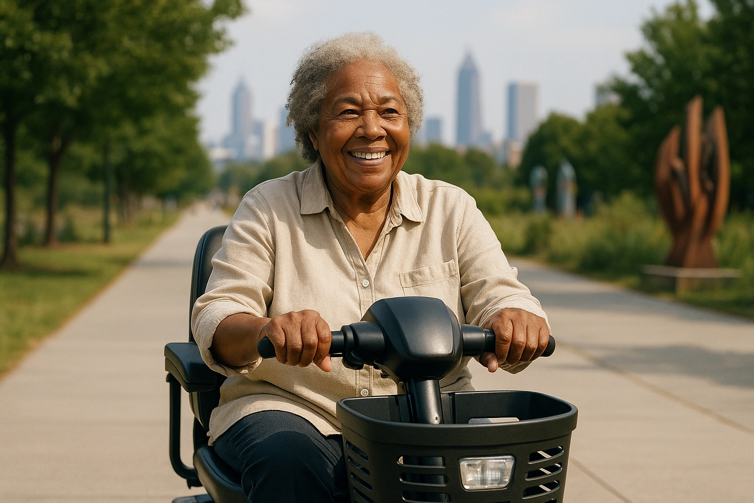 Senior Black woman with grey hair riding a modern four-wheel mobility scooter on a smooth wide paved urban trail lined with trees and public art in Georgia, a Southern city skyline in the warm hazy distance under a soft blue sky