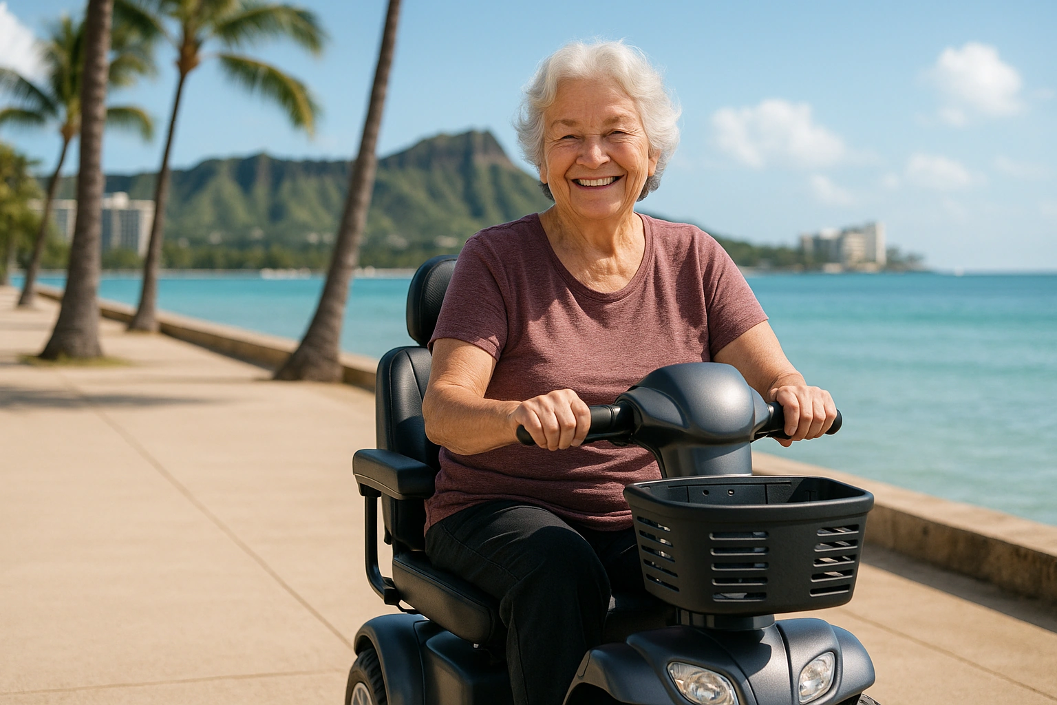 Senior woman with grey hair riding a modern four-wheel mobility scooter on a smooth paved oceanfront promenade beside turquoise water and palm trees in Hawaii, a green volcanic mountain ridge and a coastal city in the distance under a bright sunny sky