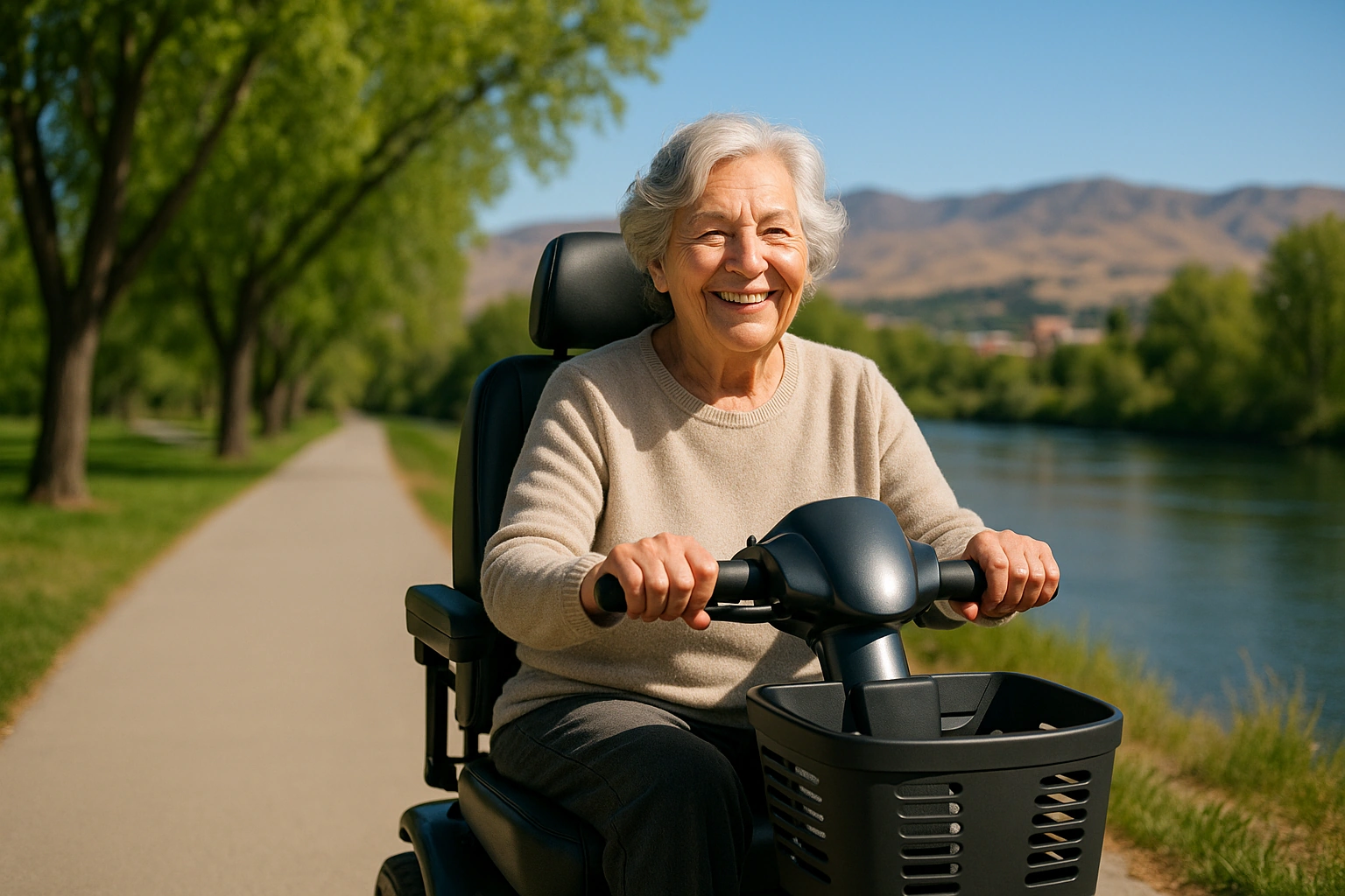Senior woman with grey hair riding a modern four-wheel mobility scooter on a smooth paved tree-lined riverside greenbelt path beside a clear river in Idaho, green cottonwoods and brown foothills with a small Western city under a bright clear blue sky