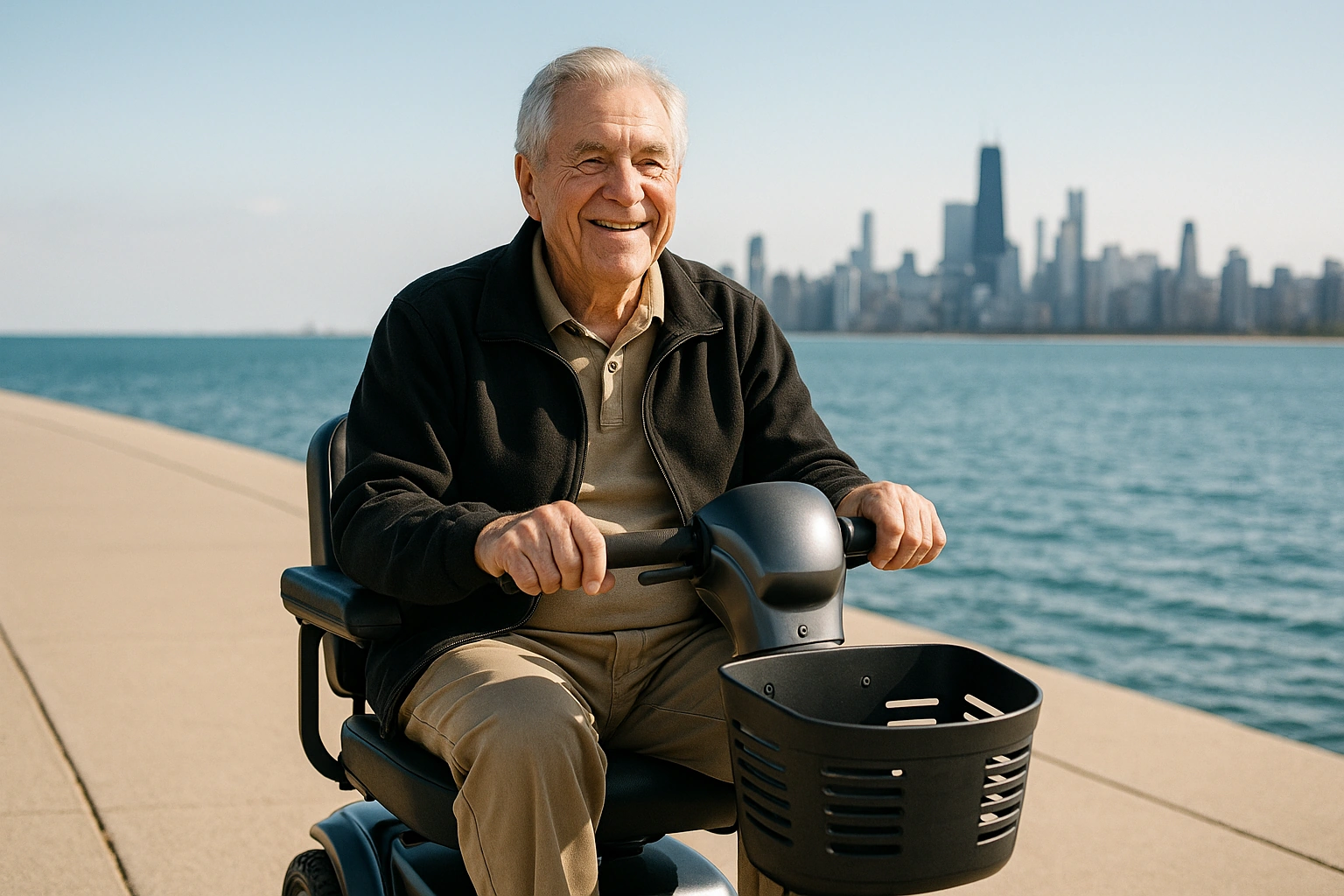 Senior man with grey hair riding a modern four-wheel mobility scooter on a smooth wide paved lakefront trail beside a vast blue lake in Illinois, a big Midwestern city skyline of tall buildings in the distance under a clear blue sky