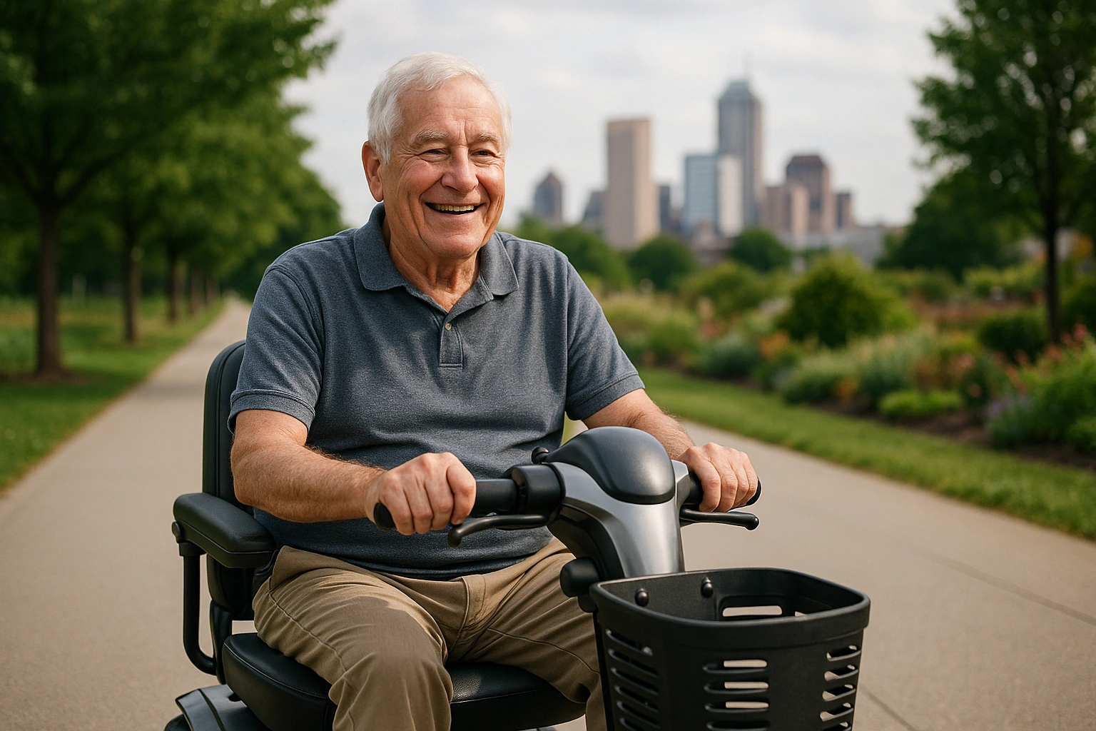 Senior man with grey hair riding a modern four-wheel mobility scooter on a smooth paved urban rail-trail lined with trees and gardens in Indiana, a Midwestern city skyline in the distance under a soft partly cloudy sky