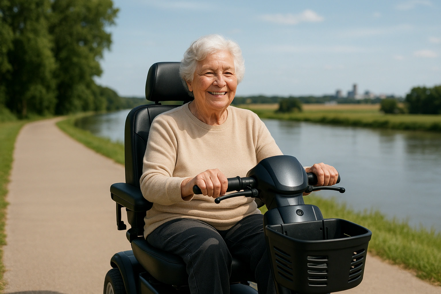 Senior woman with grey hair riding a modern four-wheel mobility scooter on a smooth wide paved riverfront trail beside a calm river in Iowa, green trees and open farmland with a small Midwestern city skyline in the distance under a big blue sky