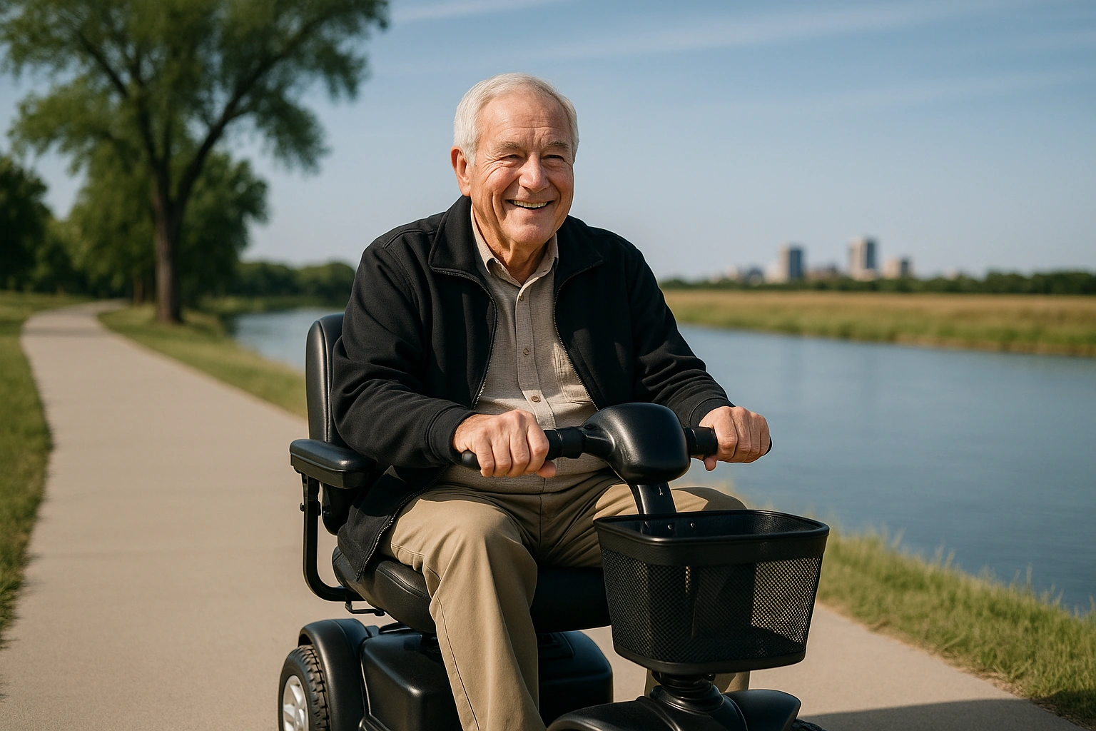 Senior man with grey hair riding a modern four-wheel mobility scooter on a smooth wide paved riverfront path beside a calm river in Kansas, green cottonwood trees and wide open prairie with a Plains city skyline in the distance under a vast blue sky