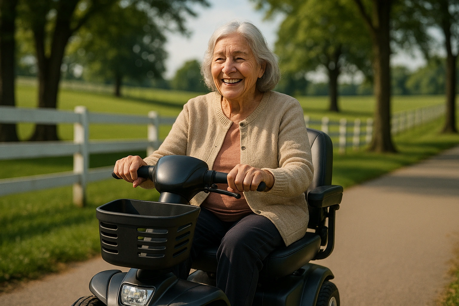 Senior woman with grey hair riding a modern four-wheel mobility scooter on a smooth paved park path beside white wooden horse-farm fences and green rolling bluegrass hills in Kentucky, tall shade trees under a soft warm blue sky