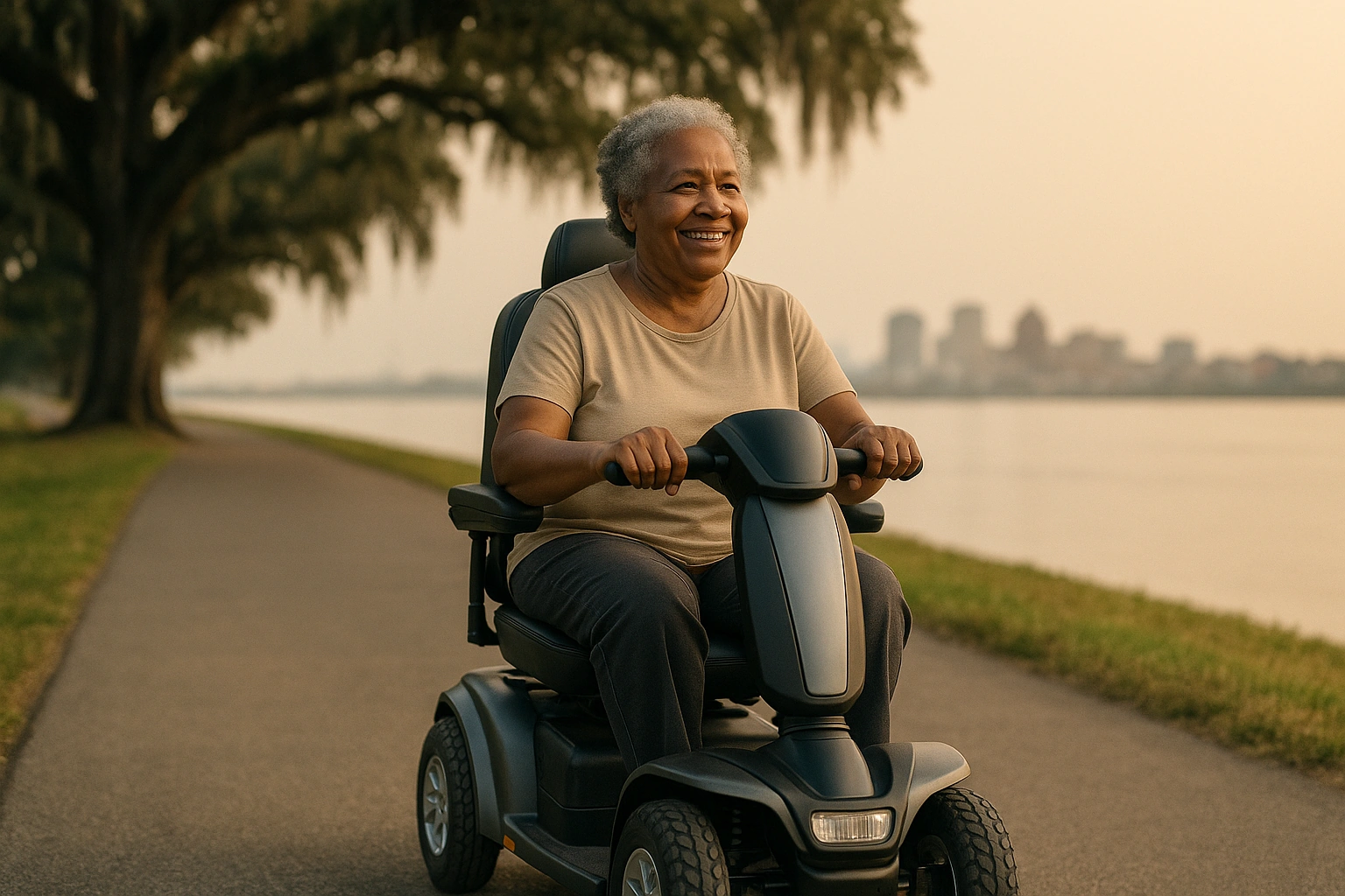 Senior Black woman with grey hair riding a modern four-wheel mobility scooter on a smooth wide paved levee-top path beside a wide slow river in Louisiana, Spanish-moss oak trees and a Southern riverfront skyline in the warm hazy distance under a soft golden sky