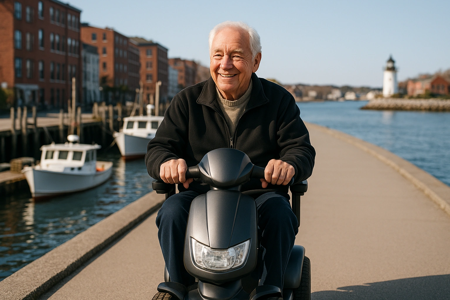 Senior man with white hair riding a modern four-wheel mobility scooter on a smooth paved harborfront path beside calm blue water with wooden fishing piers and lobster boats in coastal Maine, a historic New England town of brick buildings and a white lighthouse in the distance under a clear crisp sky