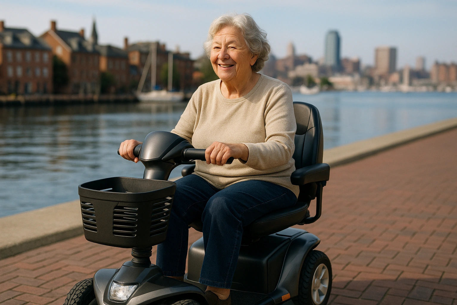 Senior woman with grey hair riding a modern four-wheel mobility scooter on a smooth paved brick harbor promenade beside calm blue water in Maryland, historic buildings and sailboats with a Mid-Atlantic city skyline in the distance under a soft blue sky