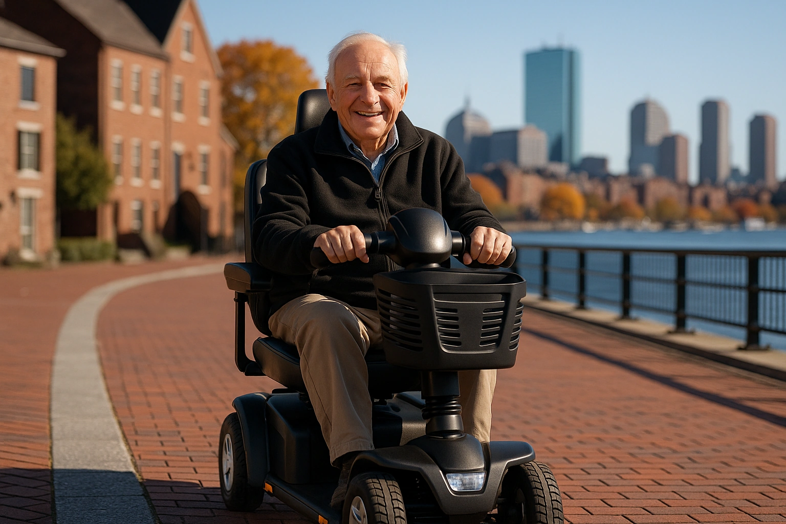 Senior man with white hair riding a modern four-wheel mobility scooter on a smooth paved harbor-front path with red brick pavement and historic buildings in Massachusetts, autumn trees and a New England city skyline in the crisp clear distance under a bright blue sky