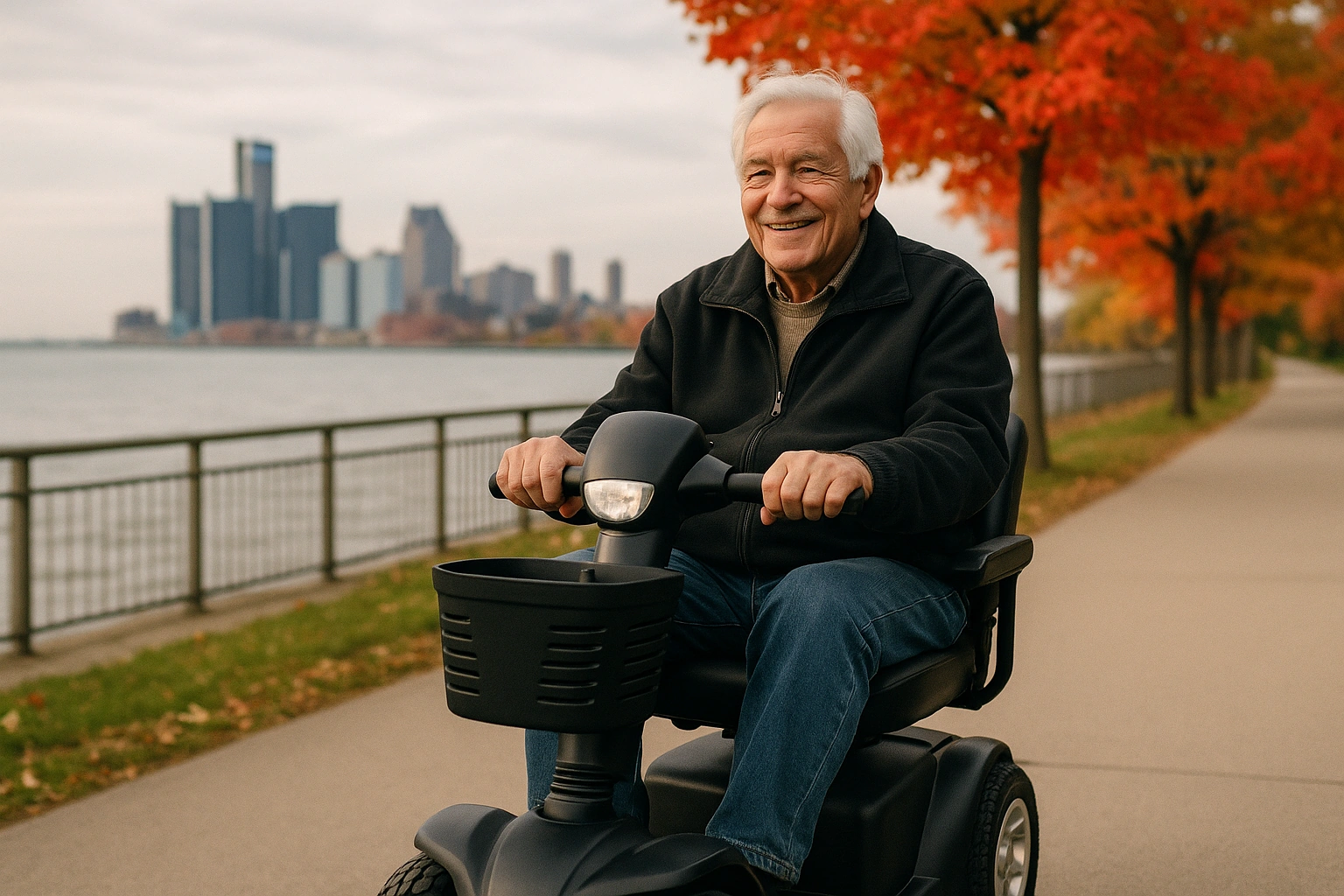 Senior man with grey hair riding a modern four-wheel mobility scooter on a smooth paved riverfront trail beside a wide Great Lakes river in Michigan, autumn maple trees in red and orange and a Midwestern city skyline in the distance under a soft cloudy sky