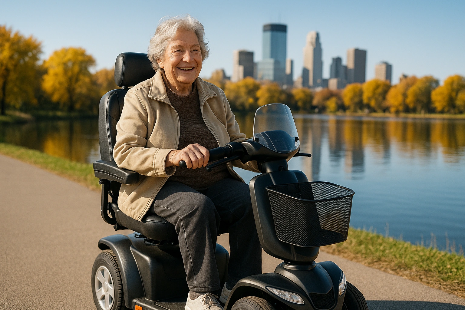 Senior woman with grey hair riding a modern four-wheel mobility scooter on a smooth paved path beside a calm blue city lake in Minnesota, autumn trees in gold and a Midwestern skyline reflected in the water under a crisp clear blue sky