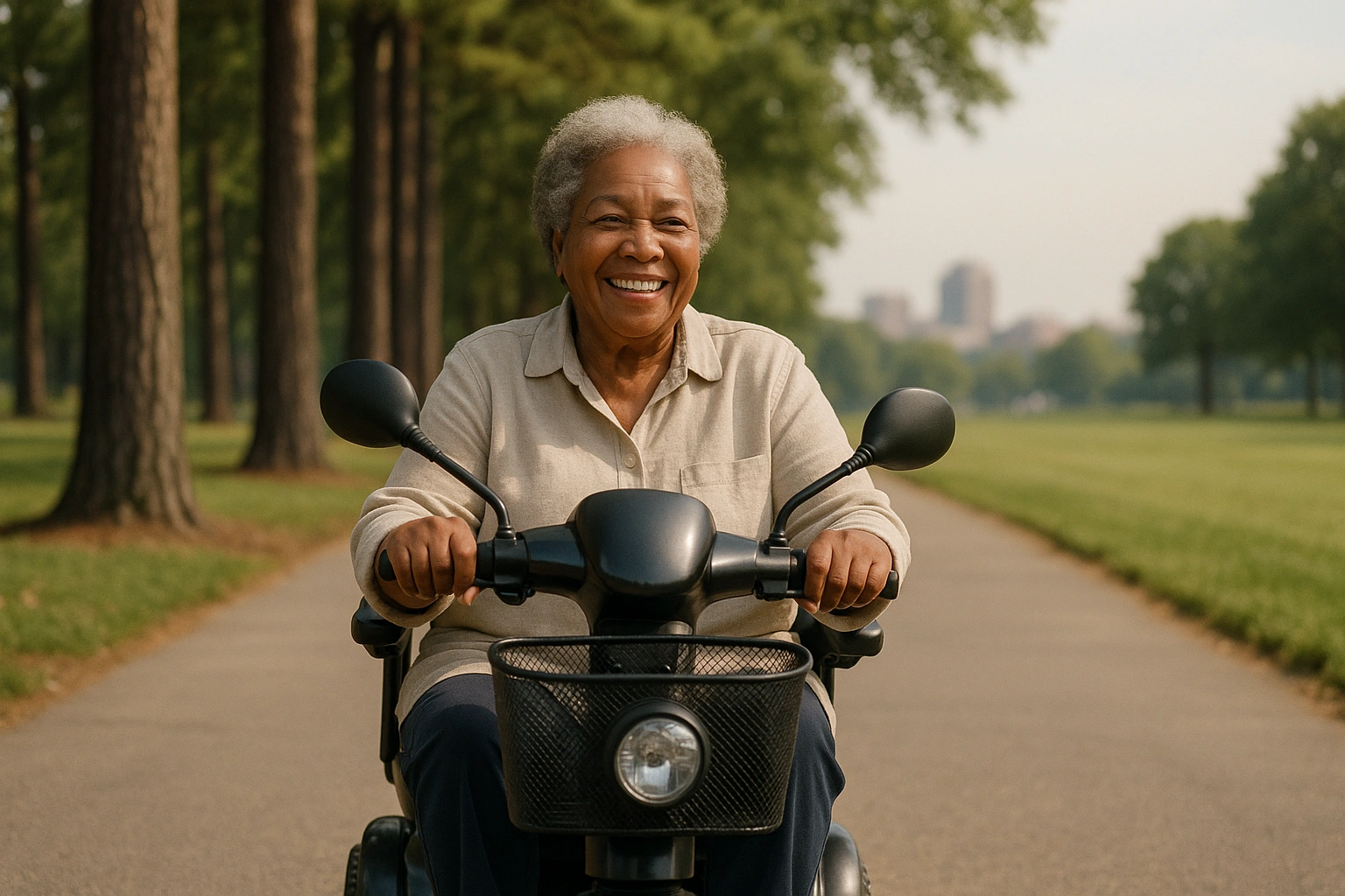 Senior Black woman with grey hair riding a modern four-wheel mobility scooter on a smooth paved city park path lined with tall pine and oak trees in Mississippi, a small Southern city skyline in the warm hazy distance under a soft blue sky