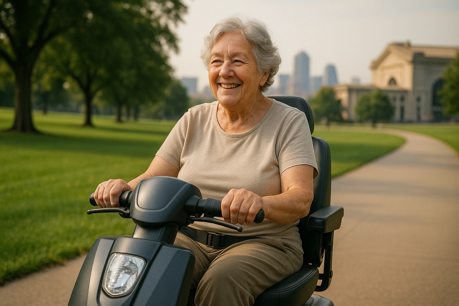 Senior woman with grey hair riding a modern four-wheel mobility scooter on a smooth wide paved park path with green lawns and large shade trees in Missouri, a Midwestern city skyline and a grand old stone building in the warm hazy distance under a soft blue sky