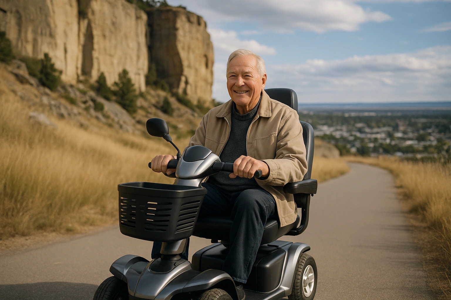 Senior man with grey hair riding a modern four-wheel mobility scooter on a smooth paved trail beneath tall sandstone rimrock cliffs in Billings Montana, dry prairie grass and a Western city below with big open sky