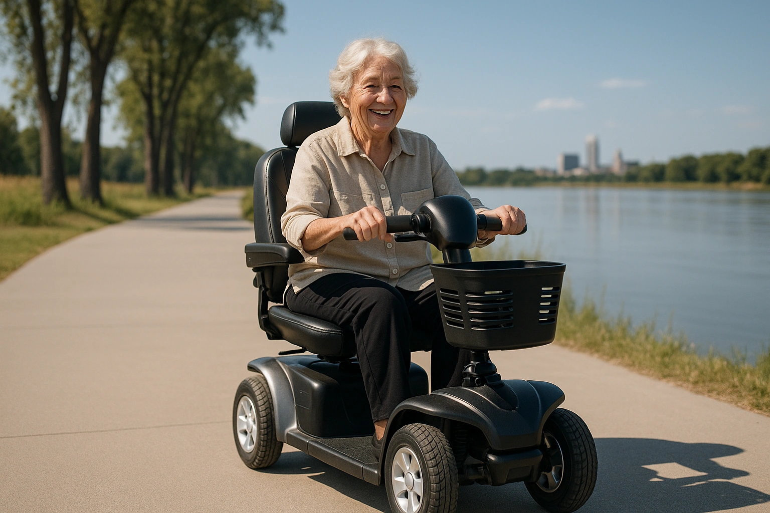 Senior woman with grey hair riding a modern four-wheel mobility scooter on a smooth wide paved riverfront trail beside a wide calm river in Nebraska, tall cottonwood trees and open prairie with a Midwestern city skyline in the distance under a big blue sky