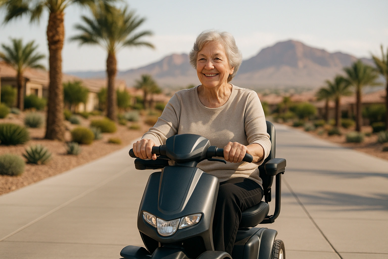 Senior woman with grey hair riding a modern four-wheel mobility scooter on a smooth wide paved path in a master-planned desert retirement community in Nevada, palm trees and desert landscaping with red rock mountains in the distance under a clear bright sky