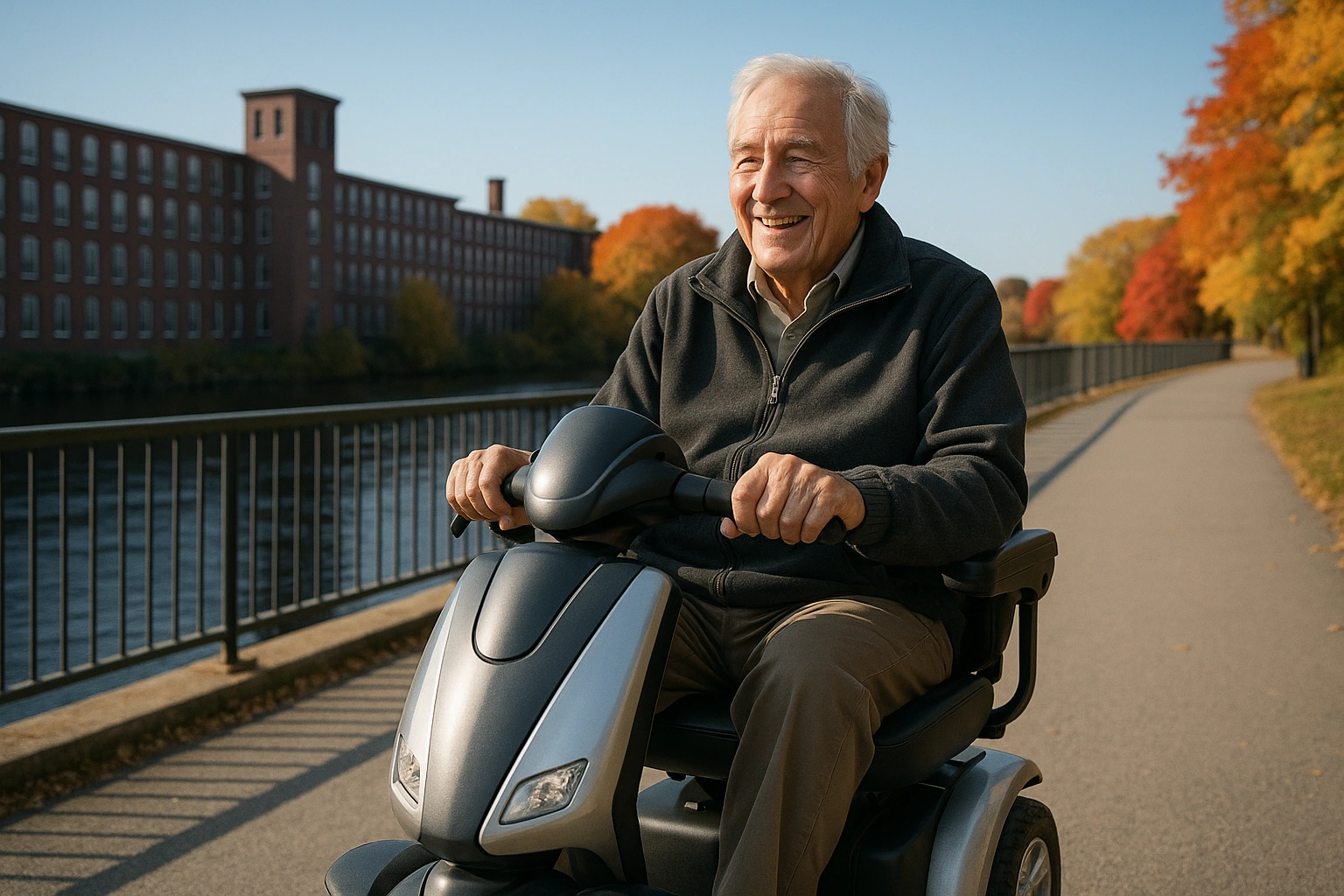 Senior man with grey hair riding a modern four-wheel mobility scooter on a smooth paved riverwalk beside a river next to old red brick mill buildings in New Hampshire, autumn New England trees in red and gold under a clear crisp blue sky