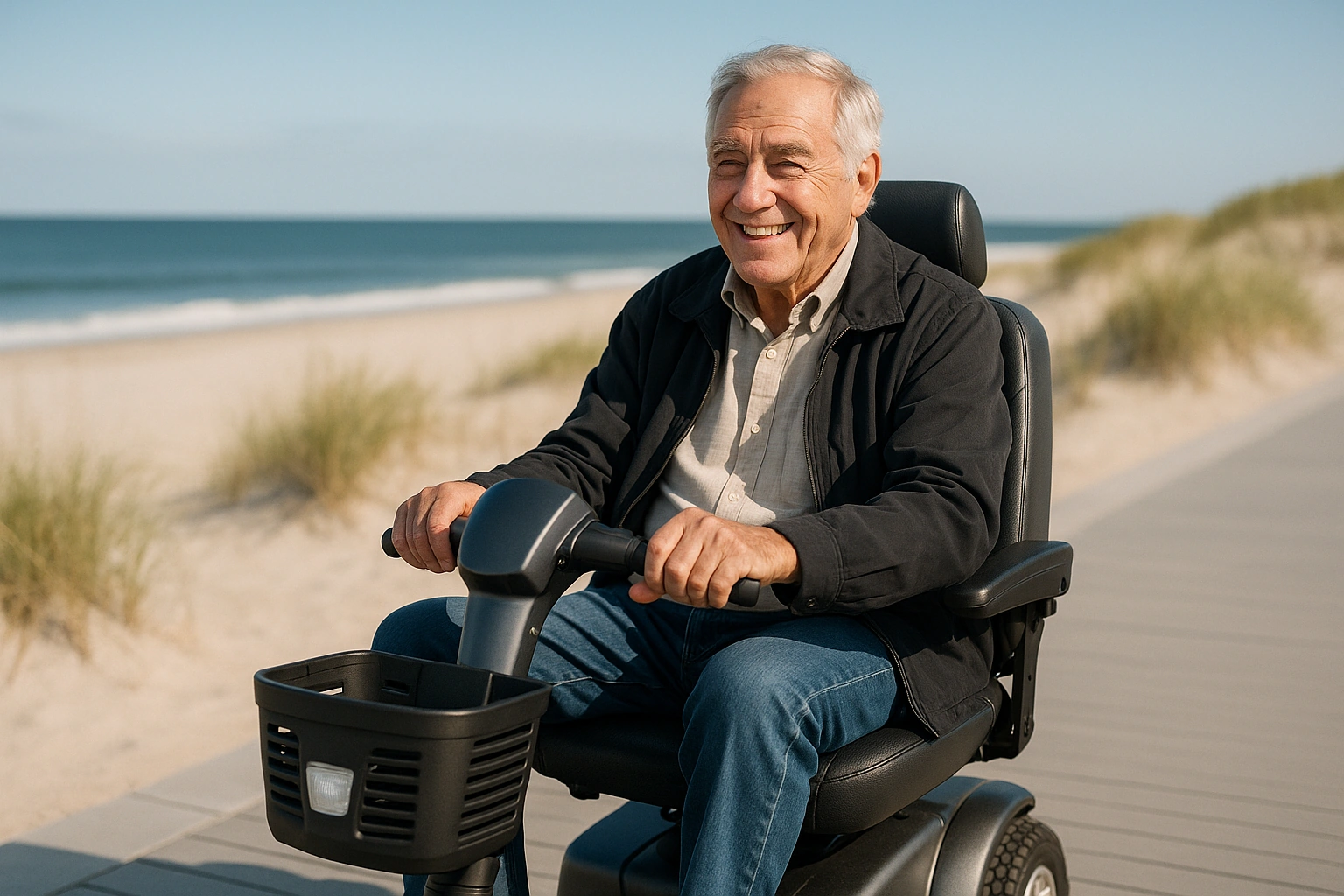 Senior man with grey hair riding a modern four-wheel mobility scooter on a smooth paved boardwalk beside the ocean on the New Jersey shore, gentle dunes and beach grass with a clear blue sky and calm sea