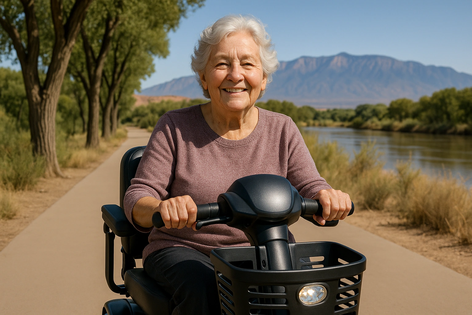 Senior woman with grey hair riding a modern four-wheel mobility scooter on a smooth paved river trail through cottonwood trees beside the Rio Grande in New Mexico, red desert mesas and the Sandia mountains in the distance under a bright clear blue sky