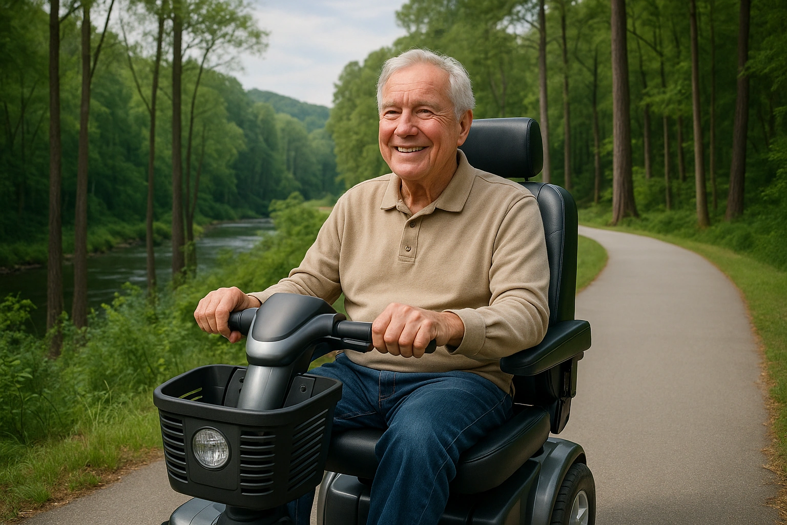 Senior man with grey hair riding a modern four-wheel mobility scooter on a smooth paved greenway trail through lush green forest with a creek in North Carolina, rolling Piedmont hills and tall pine trees under a soft blue sky