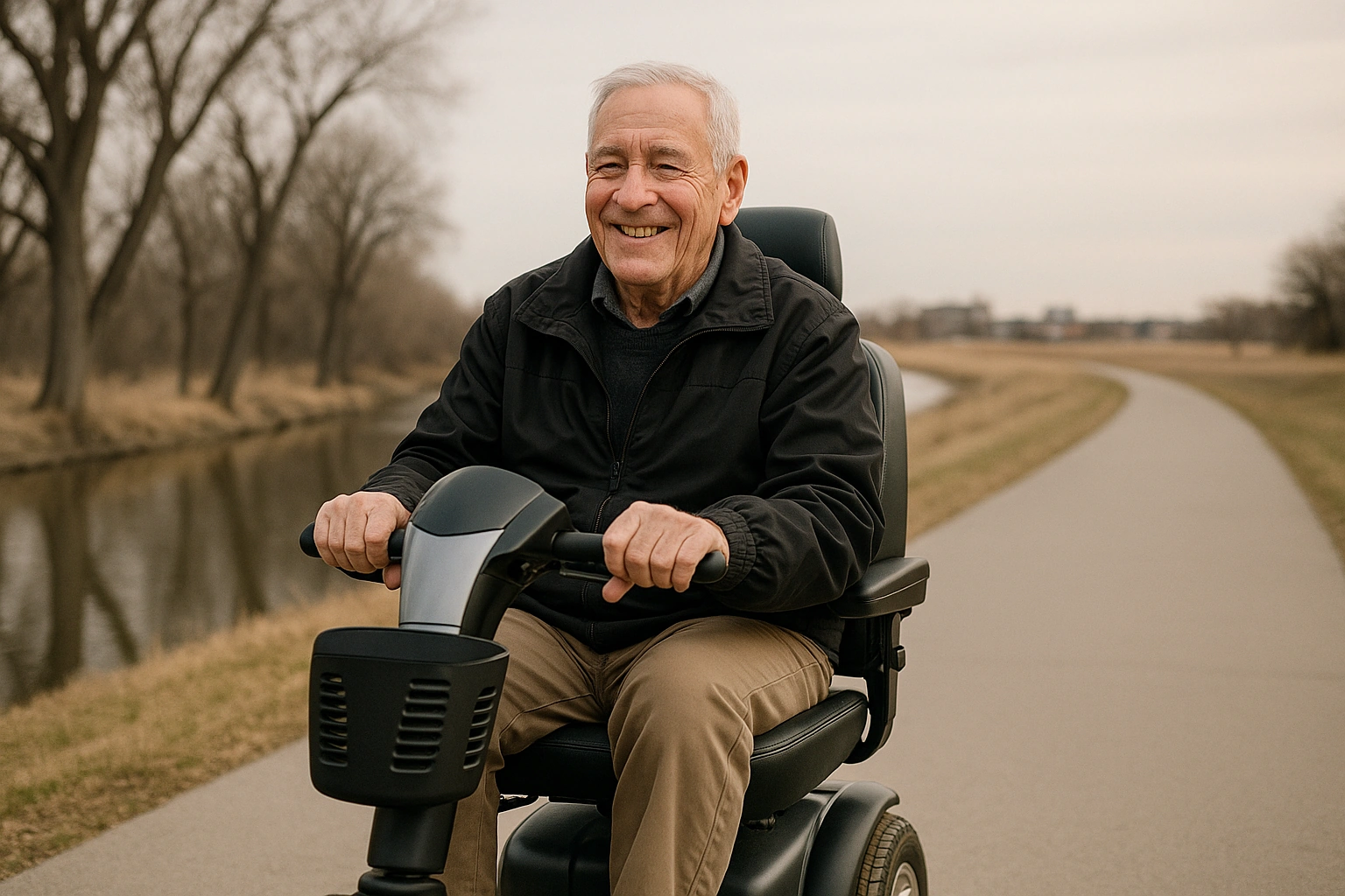 Senior man with grey hair riding a modern four-wheel mobility scooter on a smooth wide paved riverside greenway path beside a calm winding river with bare cottonwood trees in Fargo North Dakota, flat prairie and a small Northern Plains city under a pale wide sky