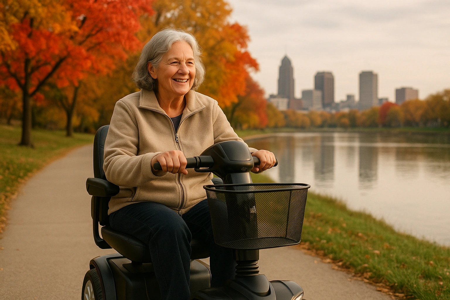Senior woman with grey hair riding a modern four-wheel mobility scooter on a smooth paved riverfront greenway trail with autumn trees in red and gold beside a calm river in Ohio, a Midwestern city skyline in the distance under a soft cloudy sky