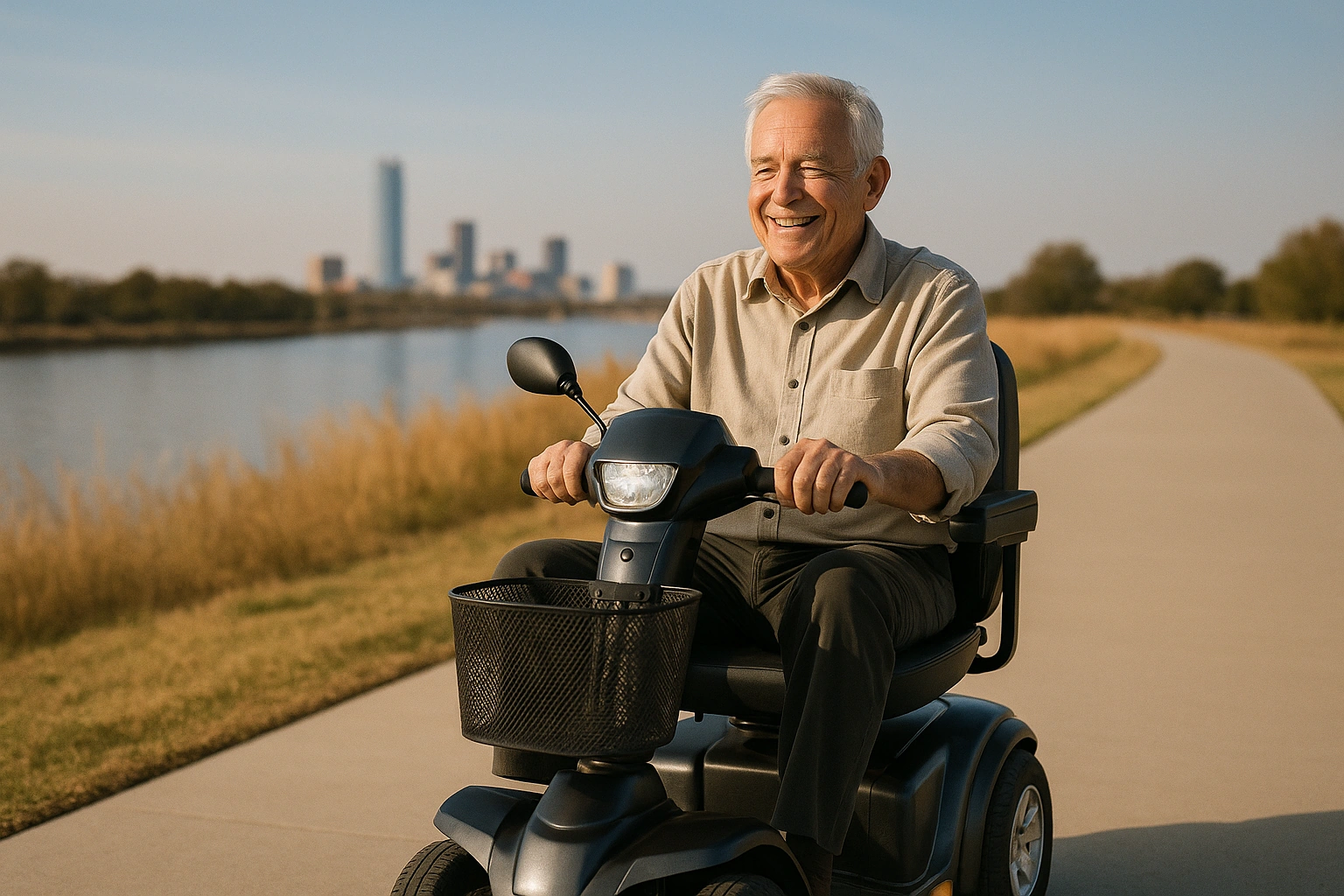 Senior man with grey hair riding a modern four-wheel mobility scooter on a smooth wide paved riverfront trail beside a calm river in Oklahoma, prairie grasses and a Southern Plains city skyline in the warm hazy distance under a big wide blue sky