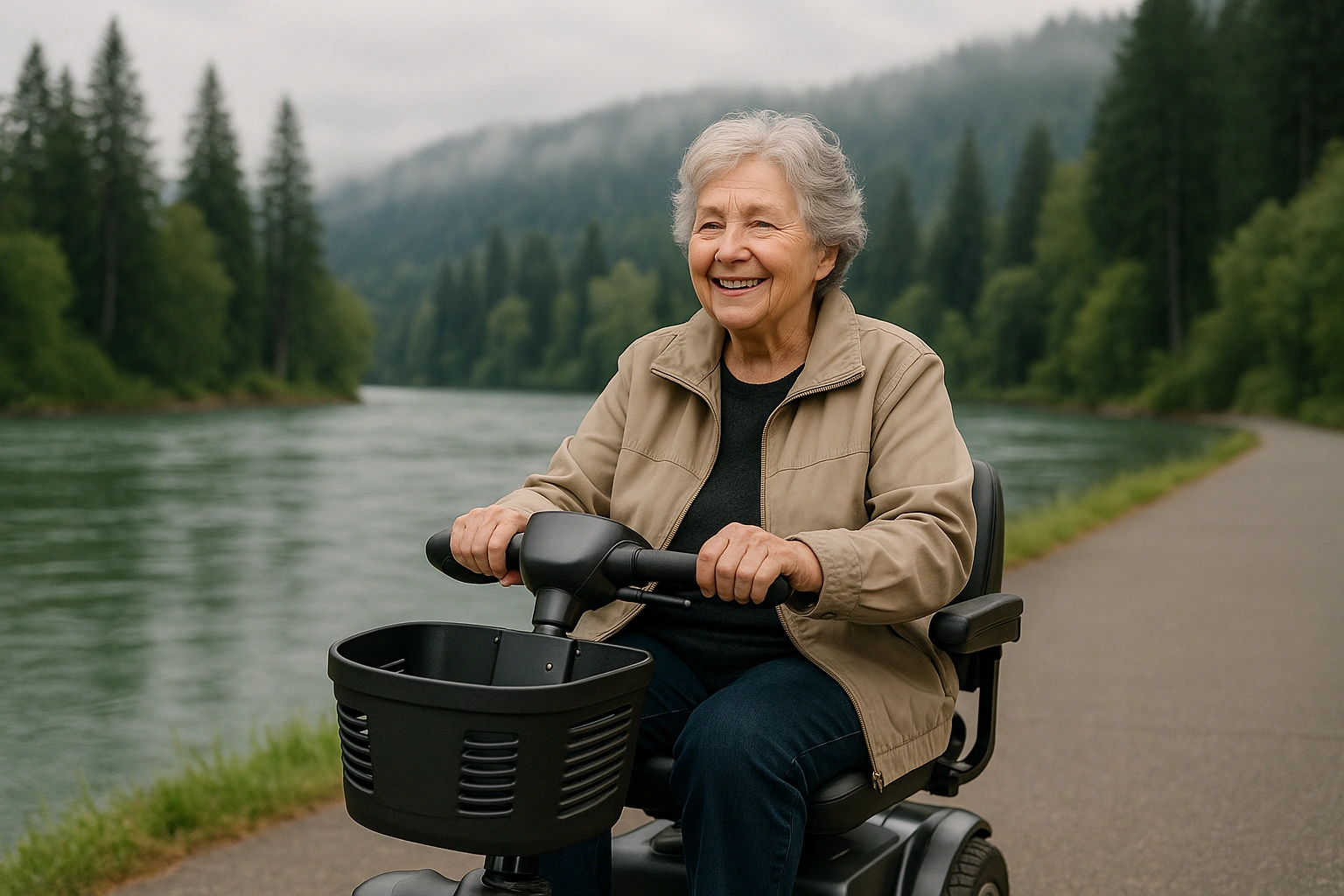 Senior woman with grey hair riding a modern four-wheel mobility scooter on a smooth paved riverfront path beside a wide green river in Oregon, tall evergreen fir trees and misty forested hills in the background under a soft overcast Pacific Northwest sky