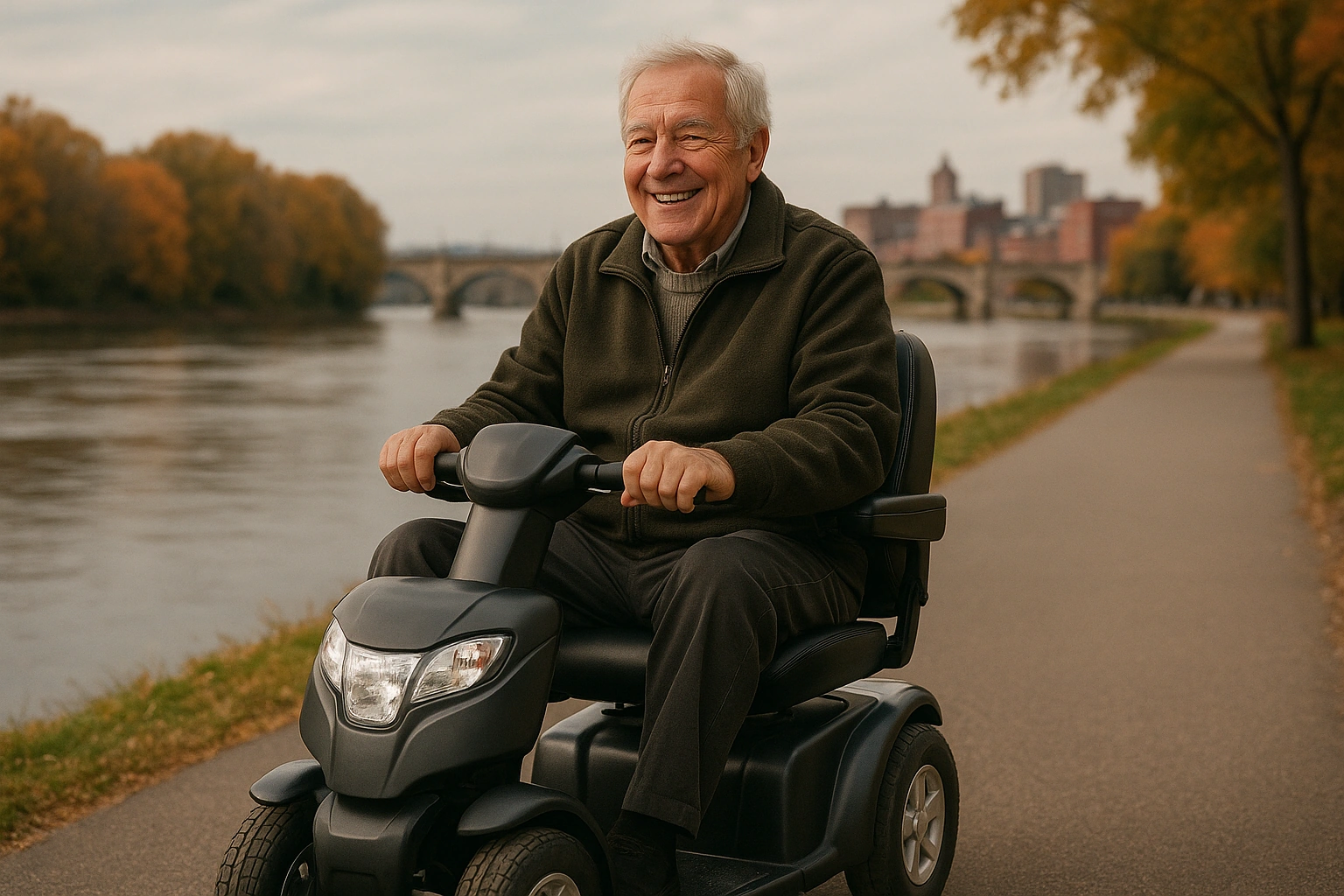 Senior man with grey hair riding a modern four-wheel mobility scooter on a smooth paved riverfront trail beside a wide river with old stone bridges in Pennsylvania, autumn trees and a historic Northeastern city skyline of brick buildings in the distance under a soft overcast sky