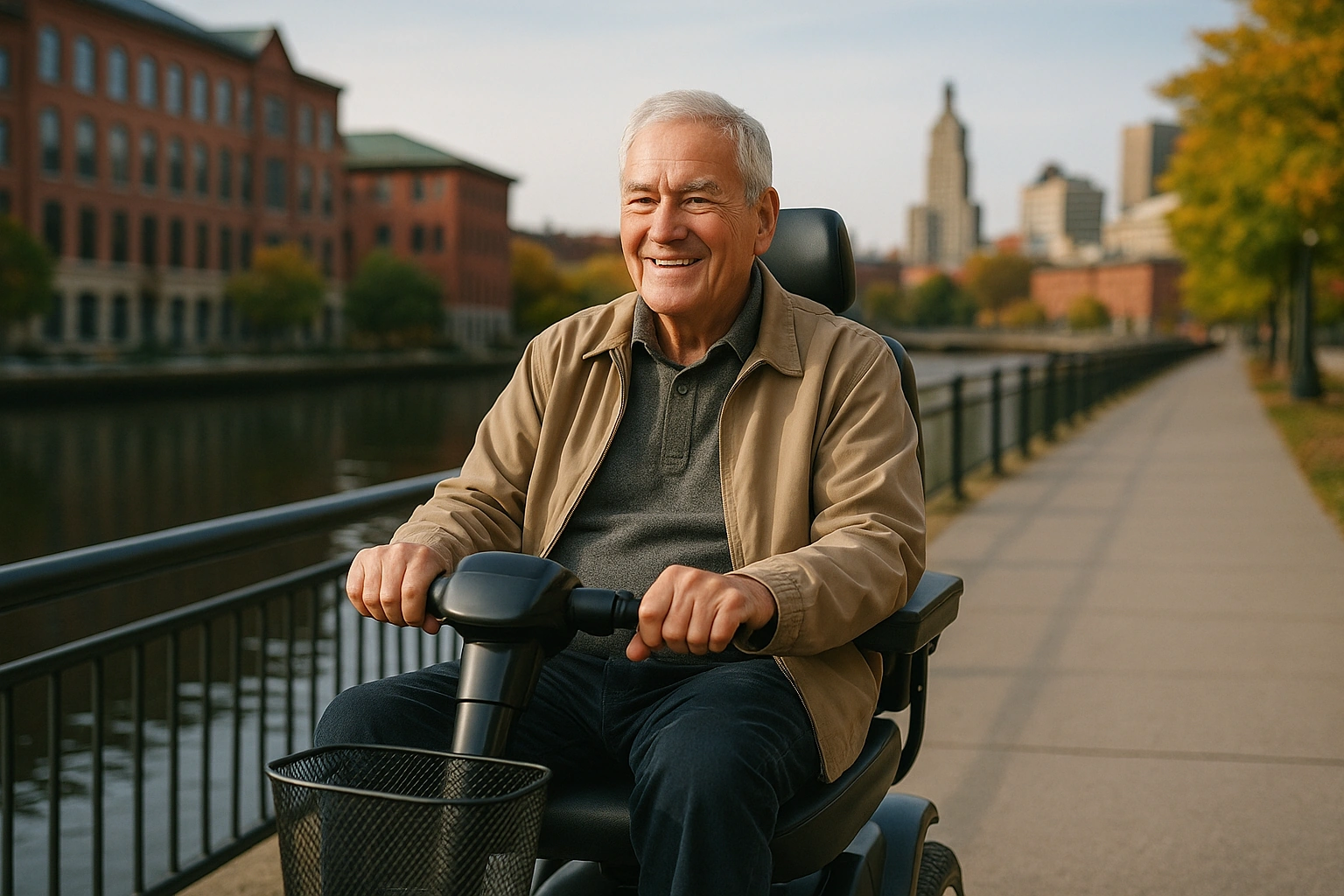 Senior man with grey hair riding a modern four-wheel mobility scooter on a smooth paved riverfront walkway beside a calm river with historic brick buildings in Providence Rhode Island, autumn New England trees and a small city skyline under a soft blue sky