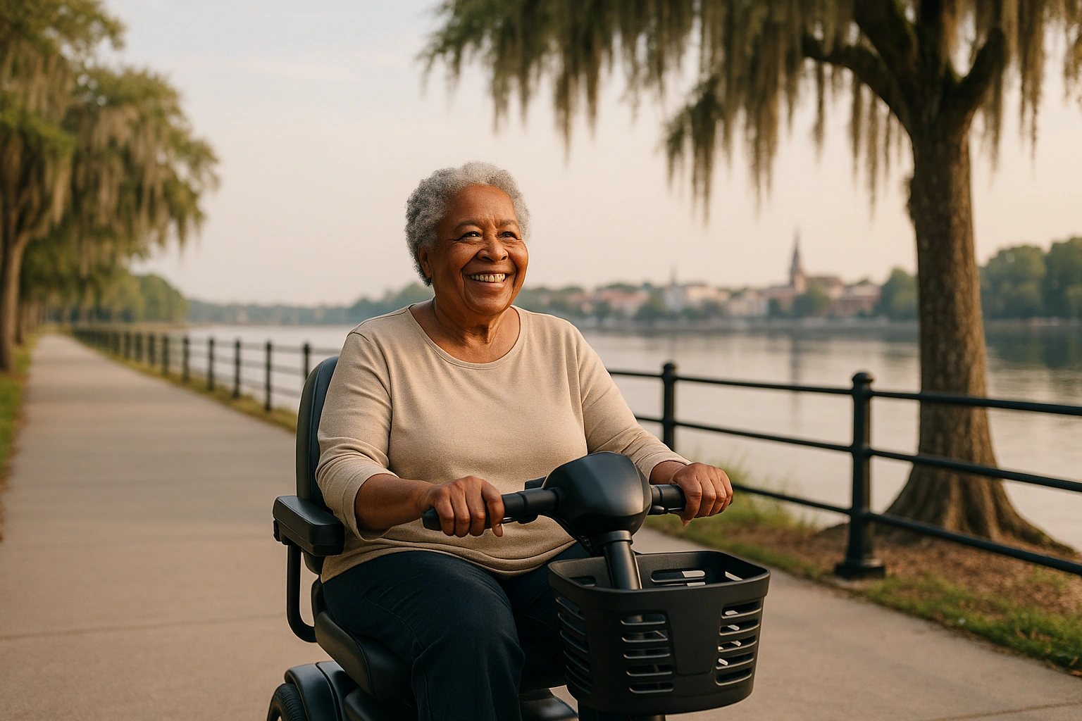 Senior Black woman with grey hair riding a modern four-wheel mobility scooter on a smooth paved riverfront park boardwalk beside a calm river in South Carolina, tall trees draped with Spanish moss and a Southern town skyline in the warm hazy distance under a soft blue sky