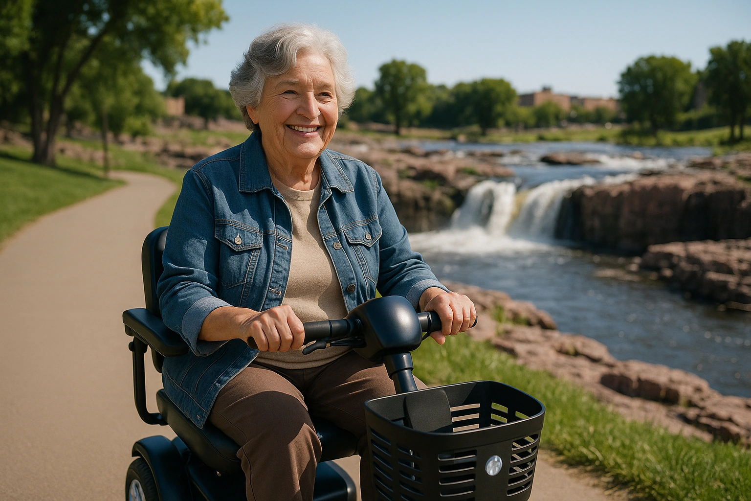 Senior woman with grey hair riding a modern four-wheel mobility scooter on a smooth paved river greenway loop beside a rushing waterfall over pink quartzite rocks in Sioux Falls South Dakota, green trees and a small prairie city under a clear blue sky