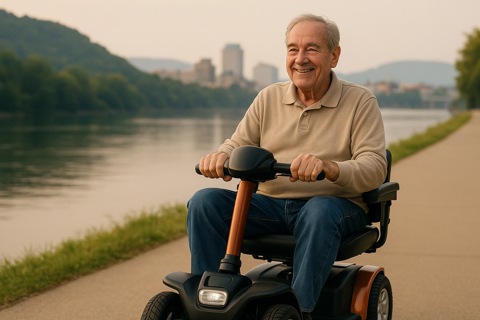 Senior man with grey hair riding a modern four-wheel mobility scooter on a smooth paved riverwalk trail beside a wide calm river in Tennessee, green wooded hills and a Southern city skyline in the background under a soft warm hazy sky