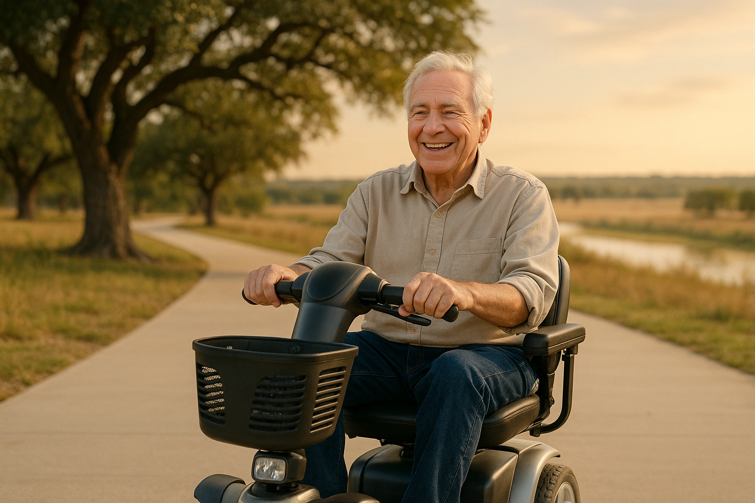 Senior man with grey hair riding a modern four-wheel mobility scooter on a wide smooth paved riverwalk trail with Texas live oak trees and a warm golden sky, wide open Texas landscape in the background on a bright day
