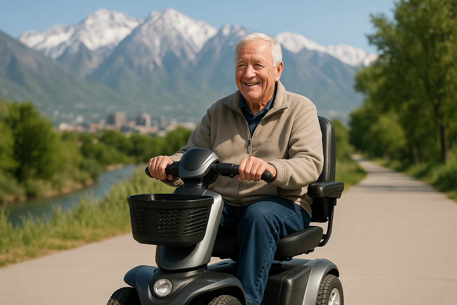 Senior man with grey hair riding a modern four-wheel mobility scooter on a smooth wide paved city creek trail with green trees in Utah, tall snow-capped Wasatch mountains rising steeply behind a Western city under a bright clear blue sky