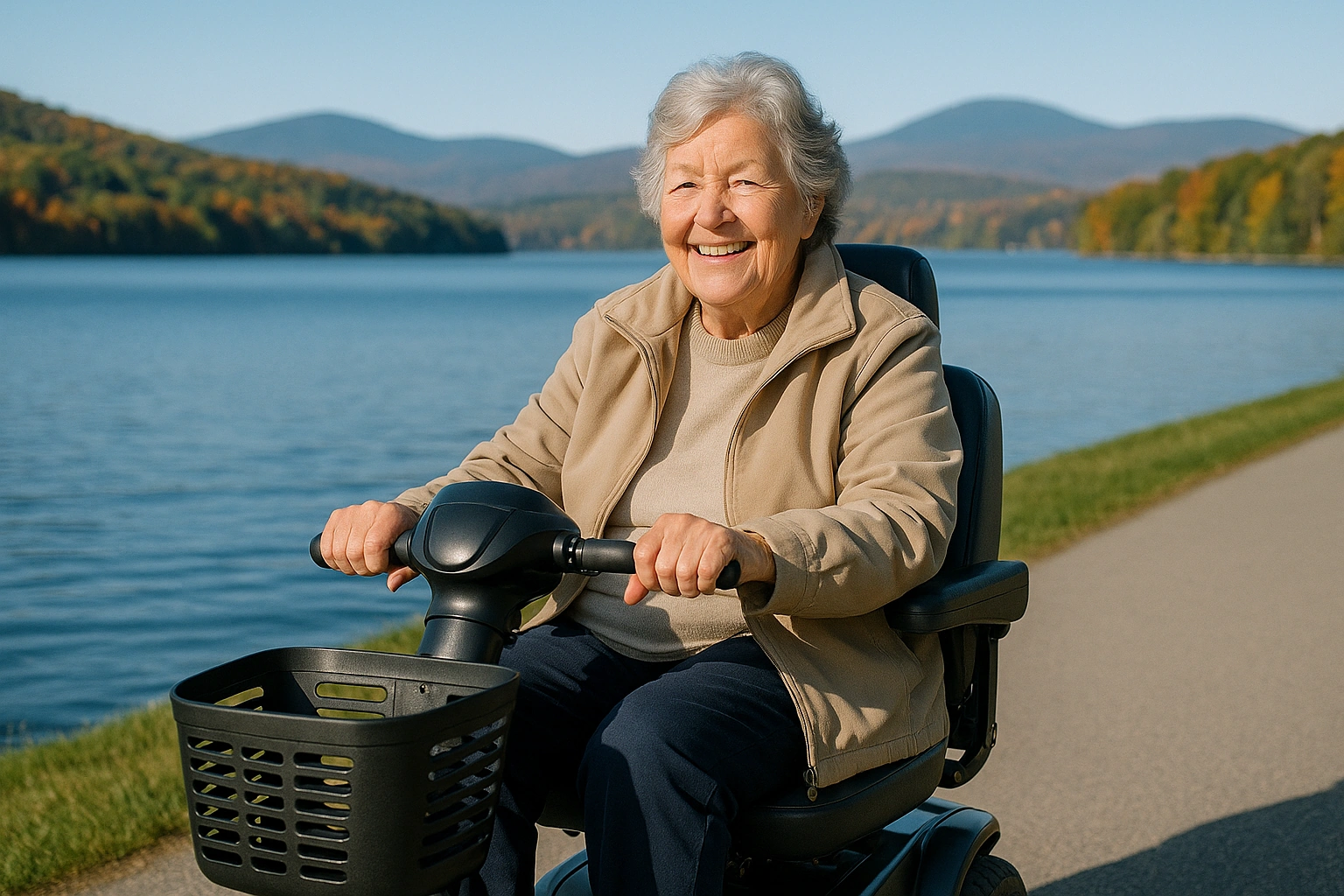 Senior woman with grey hair riding a modern four-wheel mobility scooter on a smooth paved lakeside path beside a large calm blue lake in Vermont, green wooded hills and mountains across the water with autumn foliage under a clear blue sky
