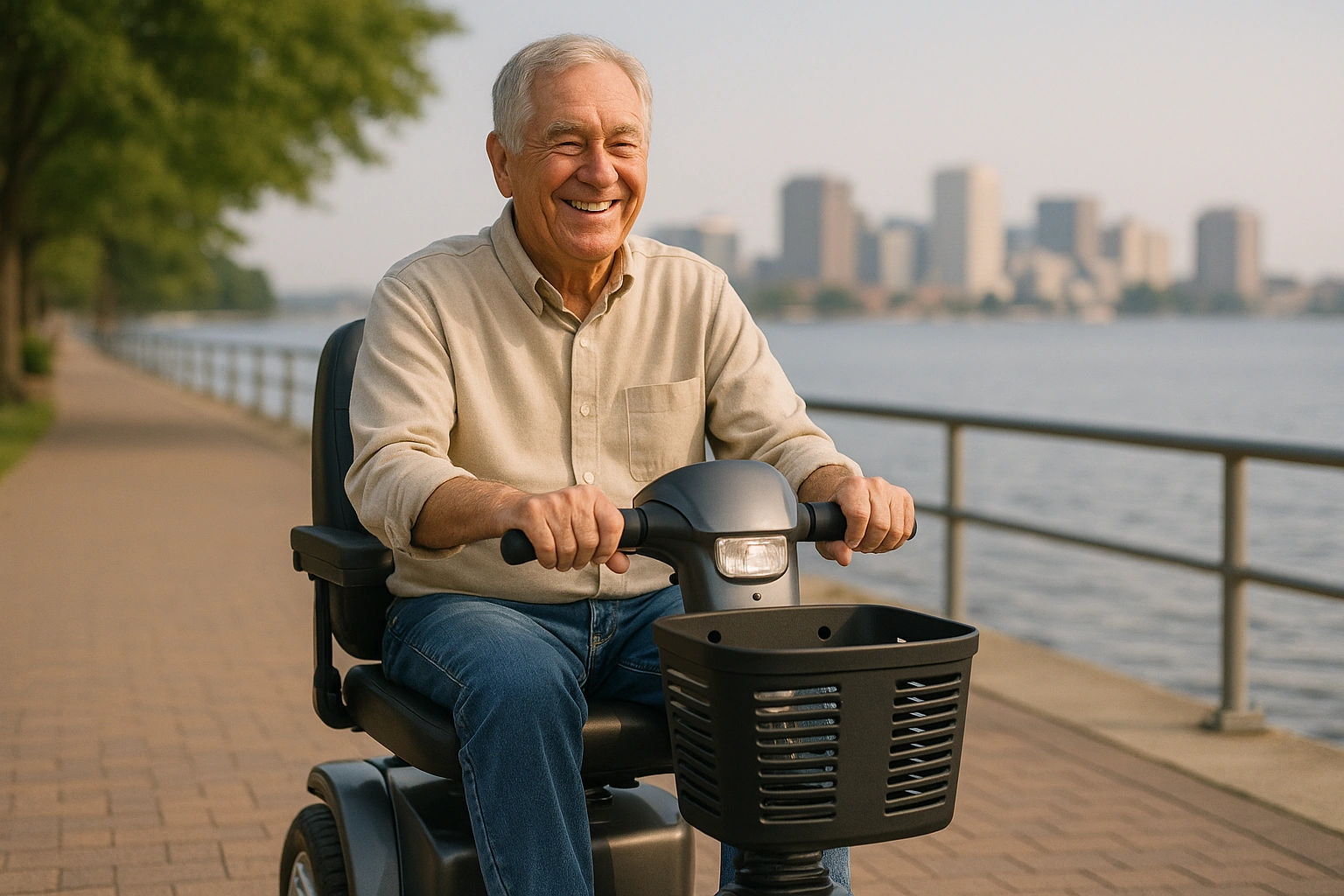 Senior man with grey hair riding a modern four-wheel mobility scooter on a smooth paved waterfront boardwalk beside a calm bay in coastal Virginia, gentle green trees and a Southern city skyline in the warm hazy distance under a soft blue sky
