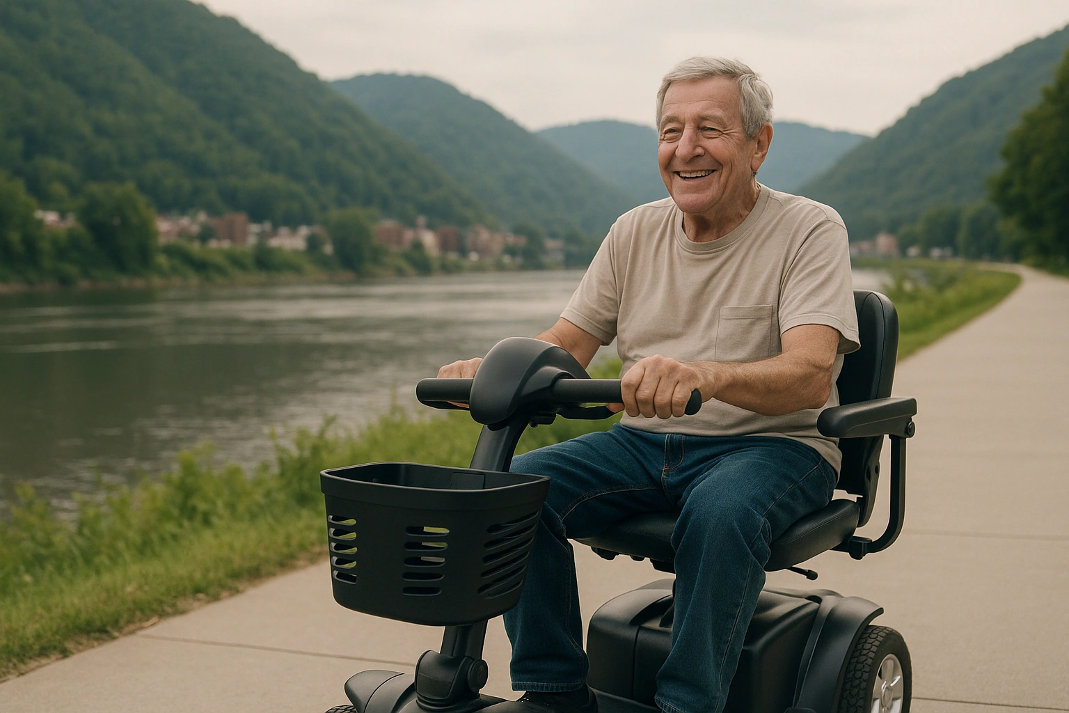 Senior man with grey hair riding a modern four-wheel mobility scooter on a smooth paved riverfront trail beside a wide river in a valley in West Virginia, steep green forested Appalachian mountains rising behind a small Southern city under a soft hazy sky