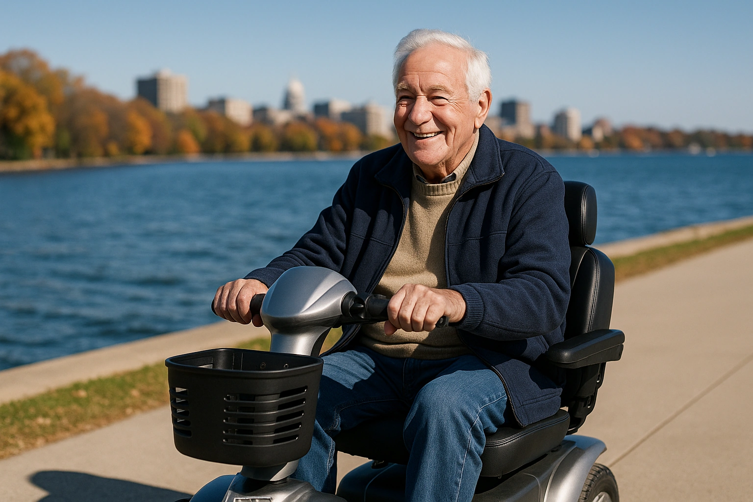 Senior man with white hair riding a modern four-wheel mobility scooter on a smooth paved lakefront path beside a large blue lake in Wisconsin, autumn trees and a Midwestern city skyline in the distance under a crisp clear blue sky