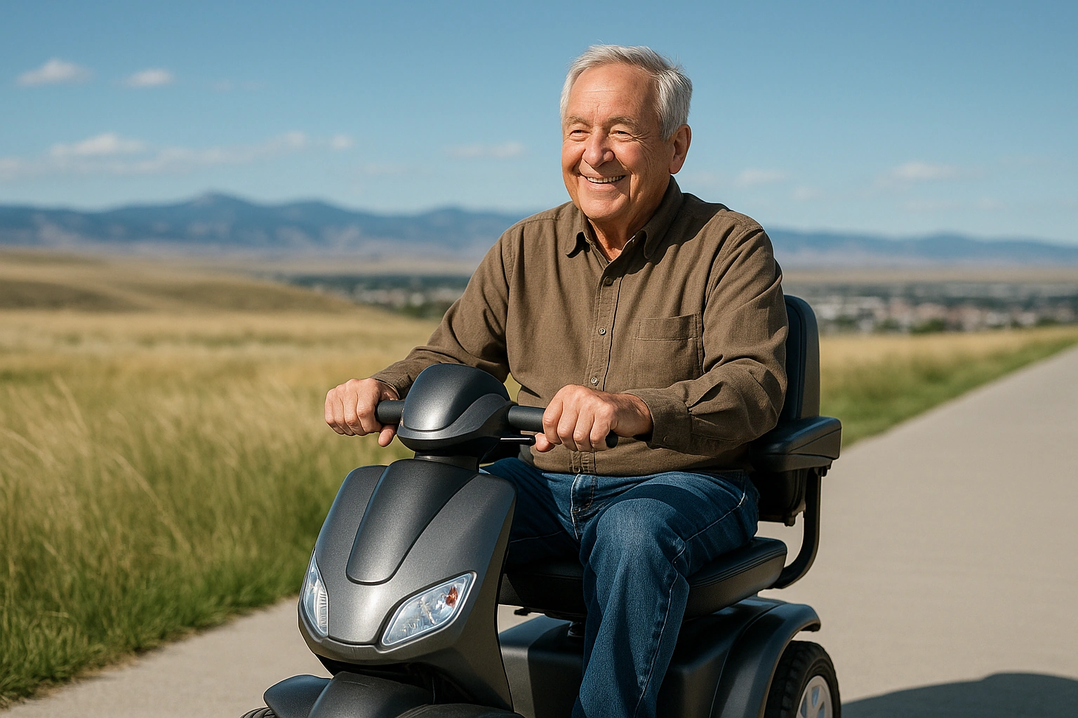 Senior man with grey hair riding a modern four-wheel mobility scooter on a smooth wide paved greenway path across windswept high plains grassland in Wyoming, distant Rocky Mountain foothills and a small Western city under a huge bright blue sky