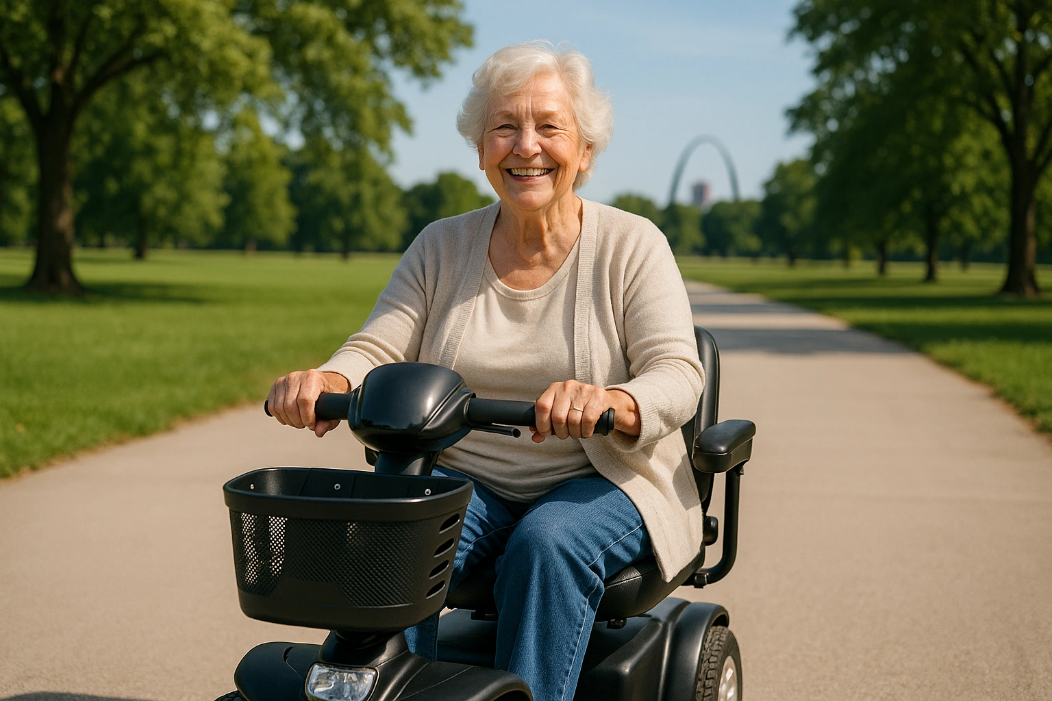 Smiling senior woman riding a four-wheel mobility scooter on a wide flat paved path in Forest Park, St. Louis, with green lawns and trees behind on a sunny day