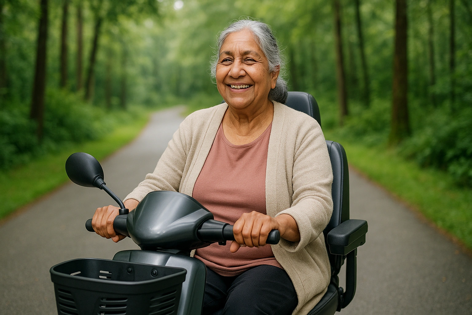 Senior South Asian woman with grey hair riding a modern mobility scooter on a wide smooth paved greenway path through a lush green leafy park in Surrey, British Columbia, with tall west-coast trees and soft bright morning light after light rain