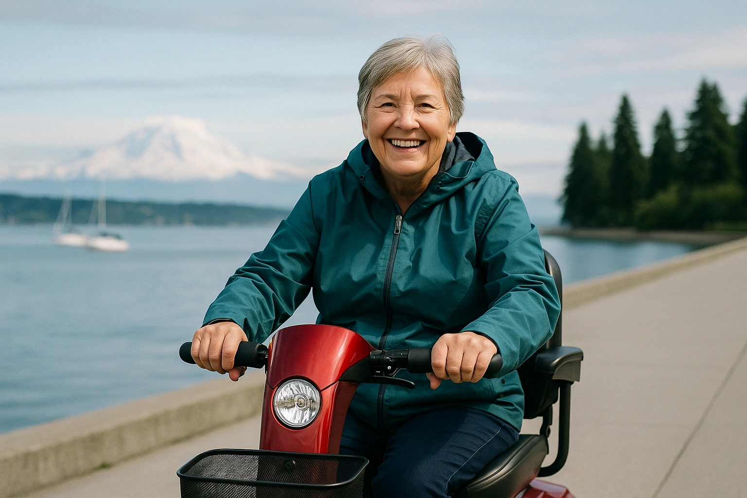 Senior woman in a teal rain jacket riding a red four-wheel mobility scooter along a flat paved waterfront promenade beside a calm blue bay in Tacoma, Washington, with sailboats, tall evergreen firs, and snow-capped Mount Rainier rising on the horizon under a softly cloudy Pacific Northwest sky
