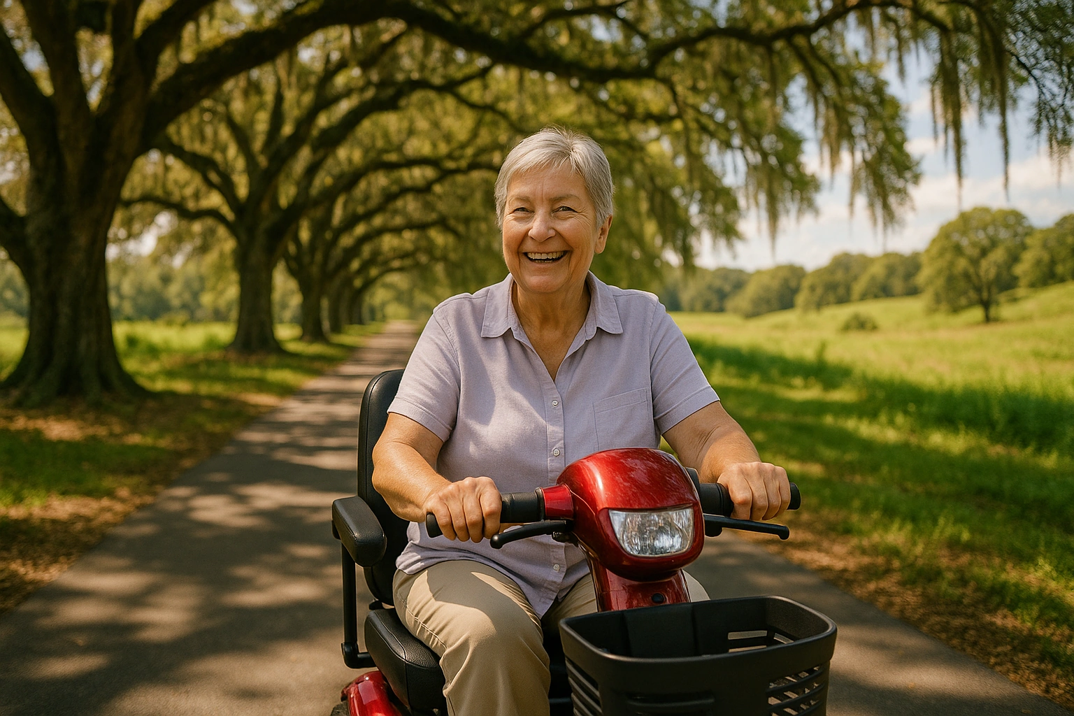 Senior woman in a lavender blouse riding a red four-wheel mobility scooter along a smooth paved rail-trail beneath a shaded canopy of grand live oak trees draped with Spanish moss in Tallahassee, Florida, with green rolling hills and dappled warm sunlight