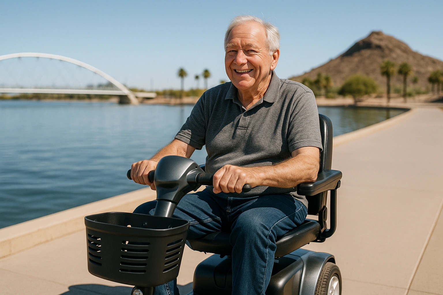 Senior man with grey hair riding a modern mobility scooter on a wide smooth paved path along the edge of Tempe Town Lake in Tempe, Arizona, with the calm blue lake, a pedestrian bridge, palm trees and a low desert butte behind under a clear blue sky