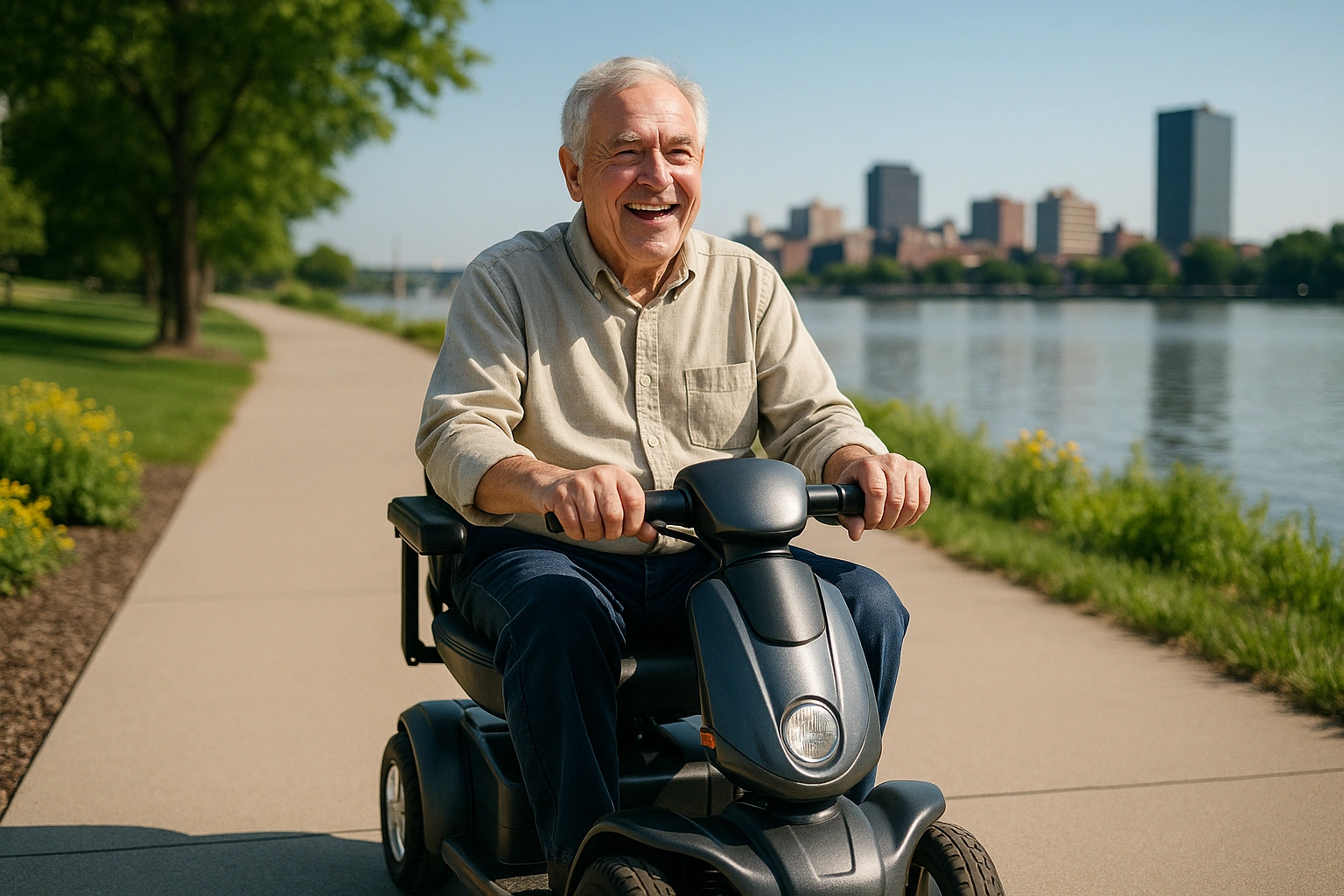 Senior man with grey hair riding a modern mobility scooter on a wide smooth paved riverfront path along the Maumee River in Toledo, Ohio, with green parkland and flowerbeds beside the path and a modest downtown skyline across the calm water under a bright morning sky